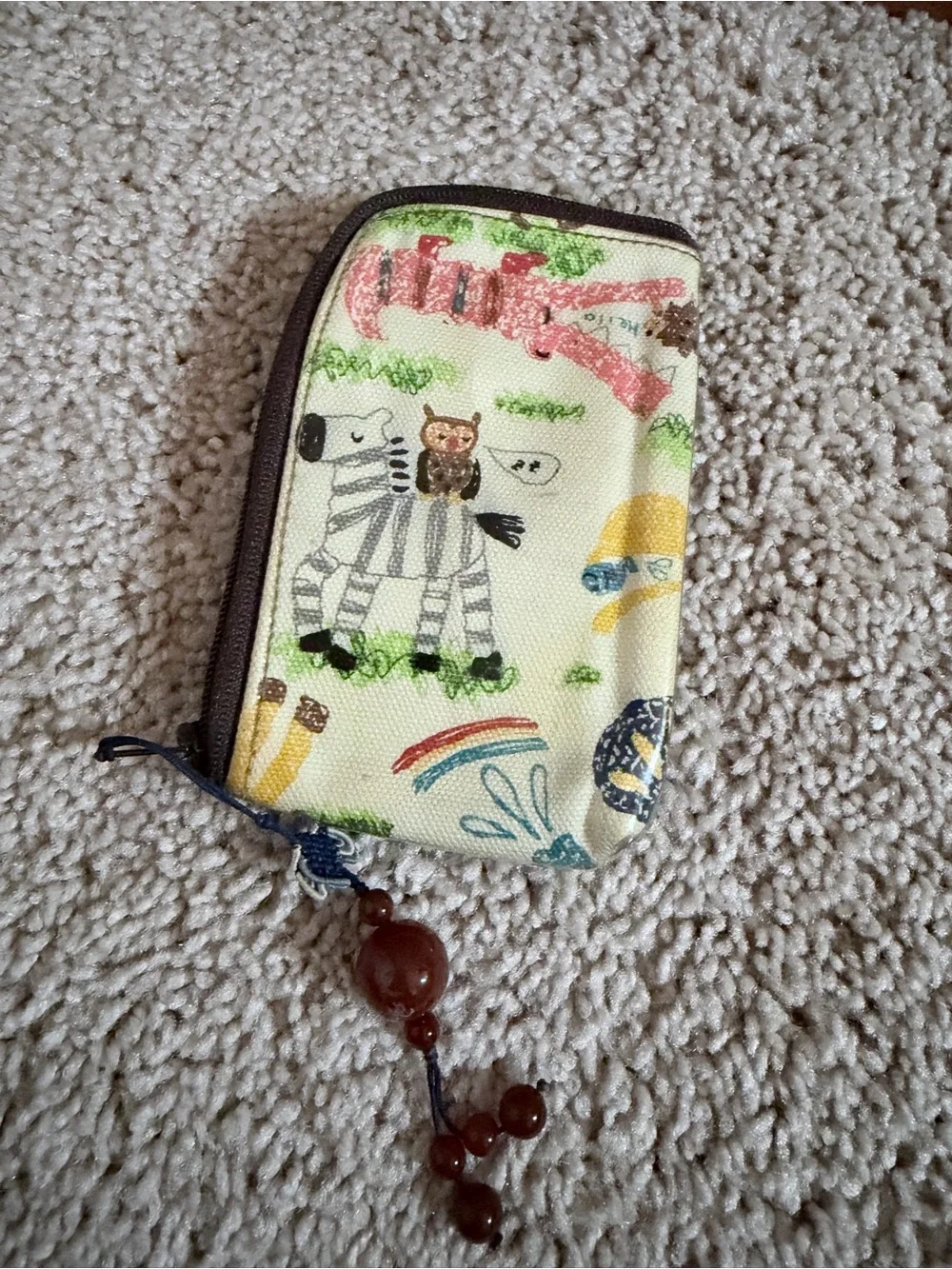 Cream Cartoon Zip Wallet with Brown Trim water resistant